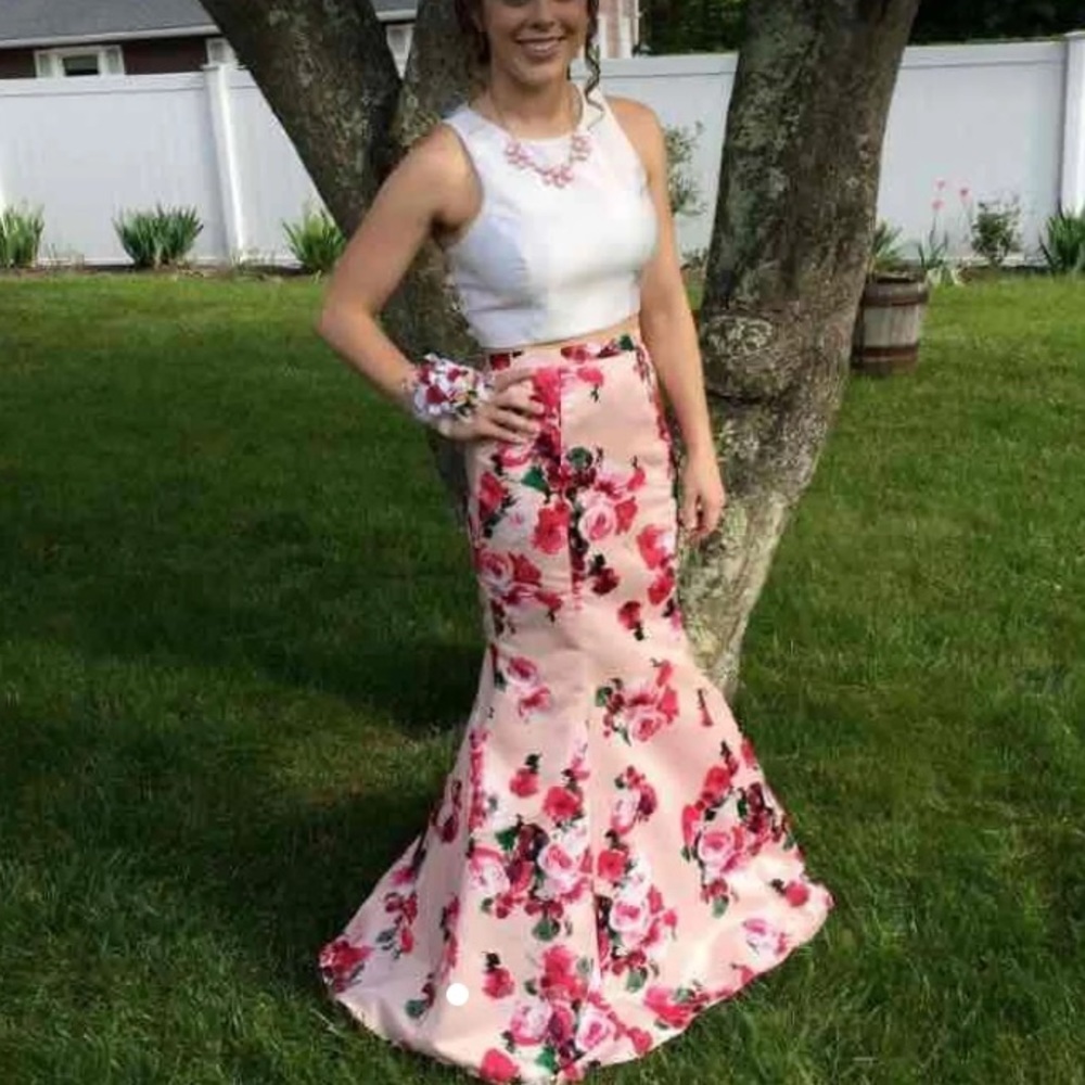 Two Piece Floral Mermaid Prom Dress